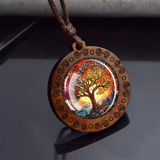 Boho Autumn Tree Of Life Ethnic Spiritual Wooden Pendant Encased Glass Dome Bohemian Unisex Necklace Adjustable 45-86cm