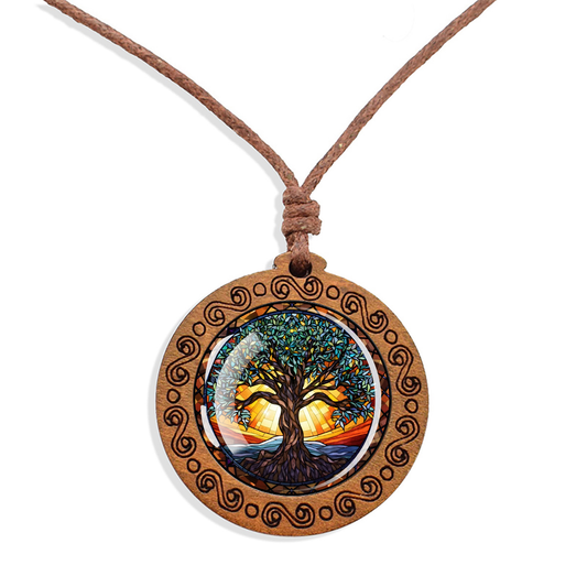 Boho Blue Blossom Tree Of Life Ethnic Spiritual Wooden Pendant Encased Glass Dome Bohemian Unisex Necklace Adjustable 45-86cm