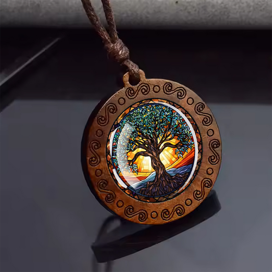 Boho Blue Blossom Tree Of Life Ethnic Spiritual Wooden Pendant Encased Glass Dome Bohemian Unisex Necklace Adjustable 45-86cm