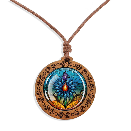 Boho Ethereal Flower Ethnic Spiritual Wooden Pendant Encased Glass Dome Bohemian Unisex Necklace Adjustable 45-86cm