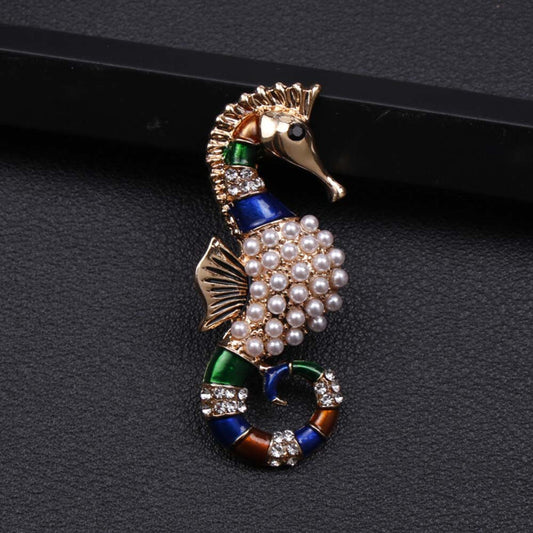 Imitation Pearls Seahorse Brooch Elegant Inlaid Rhinestone Animal Lapel Pin For Women Blouse Dress Coat Scarf Brooch