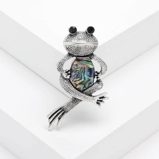 Silver Frog Opal Brooch Elegant Inlaid Rhinestone Animal Lapel Pin For Women Blouse Dress Coat Scarf Brooch