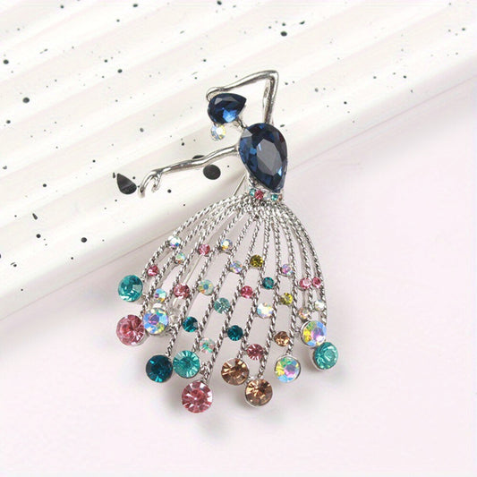 Blue Ballerina Brooch Elegant Inlaid Rhinestone Dancer Lapel Pin For Women Blouse Dress Coat Scarf Brooch