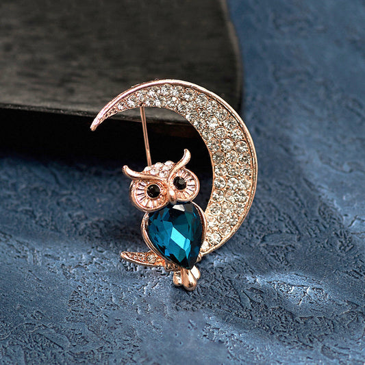 Owl Moon Brooch Elegant Inlaid Rhinestone Animal Lapel Pin For Women Blouse Dress Coat Scarf Brooch