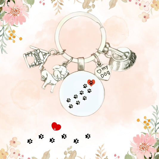 Cute Pet Dog Keychain Paw Prints Dog Glass Top Dog House Charms Keyring Gift For Friend Mother Aunt Daughter Niece Grandma For Birthday Special Occasion