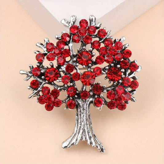 Red Tree Of Life Brooch Elegant Inlaid Rhinestone Boho Lapel Pin For Women Blouse Dress Coat Scarf Brooch