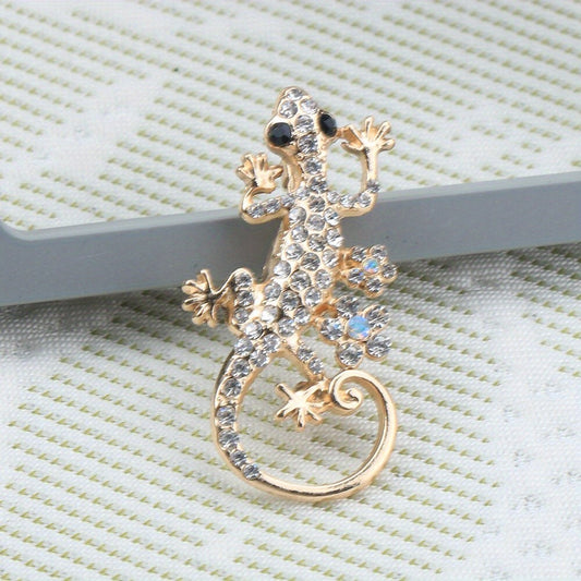 Gold Lizard Brooch Elegant Inlaid Rhinestone Animal Lapel Pin For Women Blouse Dress Coat Scarf Brooch