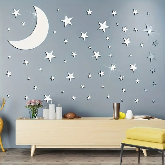 61pcs 3D Moon & Stars Mirror Wall Stickers Removable Decal Mural Home Room Decor