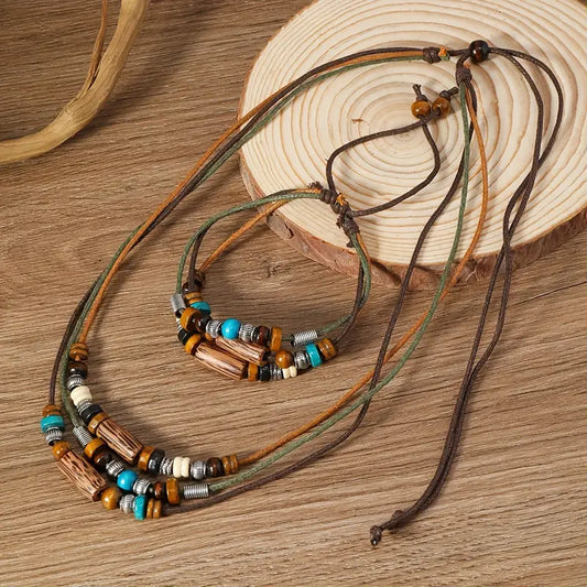 PU Leather Natural Boho Necklace & Bracelet Set, Wooden & Metal Beads, Ethnic, Long Chain