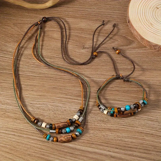 PU Leather Natural Boho Necklace & Bracelet Set, Wooden & Metal Beads, Ethnic, Long Chain
