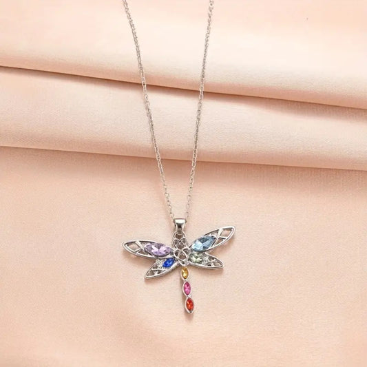 Rhinestone Dragonfly Rainbow Colours Pendant Necklace Silver Chain Gift For Sister Friend Mother Grandma Daughter Niece For Birthday Special Occasion