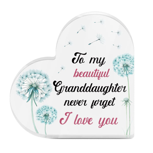 To My Beautiful Granddaughter Heart-Shaped Block Acrylic Plaque Gift Free-Standing Sign Keepsake Floral Dandelion Gifts For Granddaughter For Birthday Graduation Special Occasion
