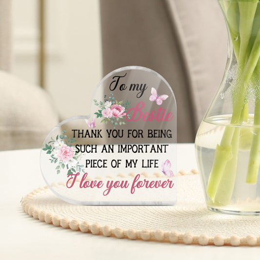 To My Bestie I Love You Forever Heart-Shaped Block Acrylic Plaque Gift Free-Standing Sign Keepsake For Bestie Best Friends Friendship For Birthday Present Special Occasion
