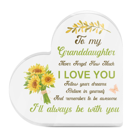 To My Granddaughter Sunflower Heart-Shaped Block Acrylic Plaque Gift Free-Standing Sign Keepsake Floral Sunflower Gifts For Granddaughter For Birthday Graduation Special Occasion