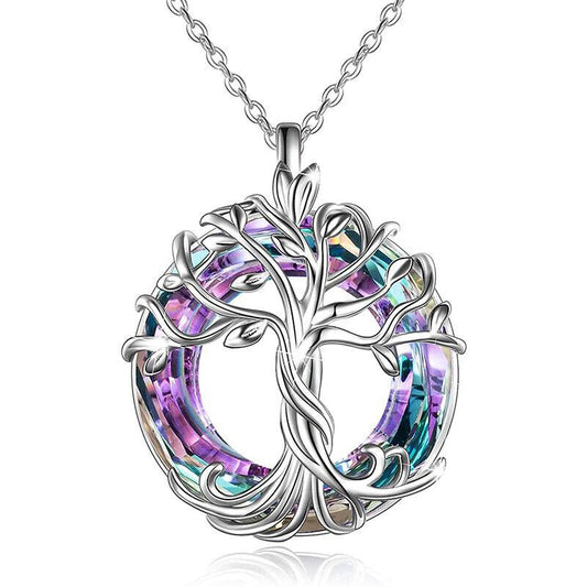 Celtic Tree Of Life Purple Blue Crystal Round Pendant Charm Necklace Gift For Sister Friend Mother Grandma Daughter Niece For Birthday Special Occasion
