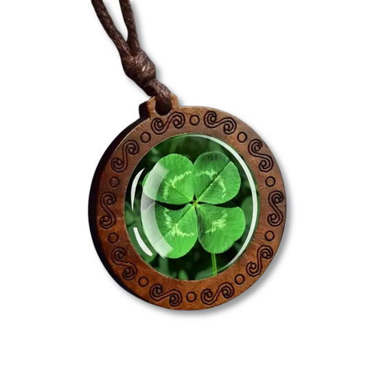 Boho Lucky Leaf Clover Shamrock Ethnic Spiritual Wooden Pendant Encased Glass Dome Bohemian Unisex Necklace Adjustable 45-86cm