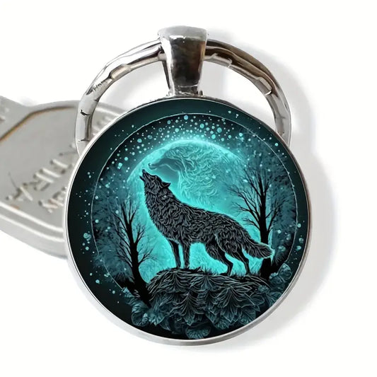 Wolf Howling Keychain Moon Night Sky Glass Dome Keyring For Boyfriend Father Son Friend Friendship For Birthday Special Occasion