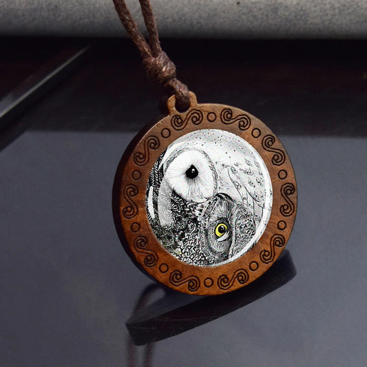 Boho Yin Yang Owls Ethnic Spiritual Wooden Pendant Encased Glass Dome Unisex Bohemian Necklace Adjustable 45-86cm