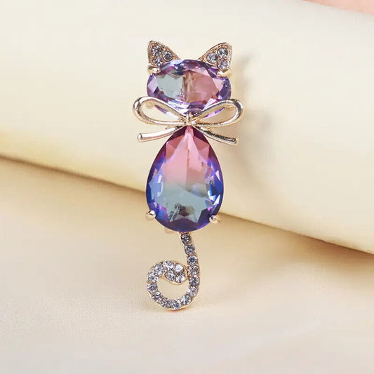 Cute Crystal Cat Brooch with Rhinestone Ears and Tail Animal Themed Gift For Women Gift Idea For Mum Grandma Aunt