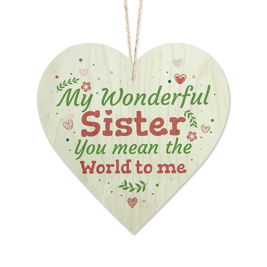My Wonderful Sister You Mean The World To Me Wooden Heart Sign Plaque Ornament Gift Keepsake