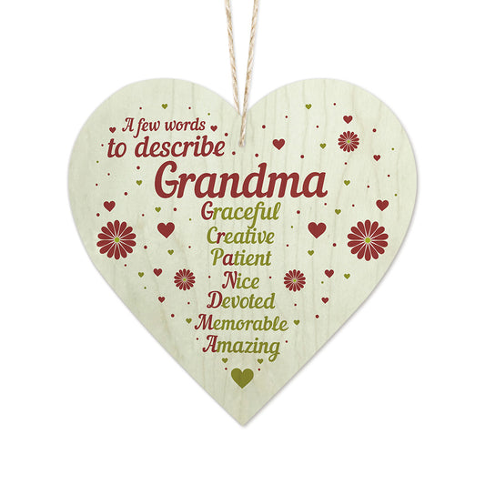 A Few Words To Describe Grandma Wooden Heart Sign Plaque Ornament Gift Keepsake