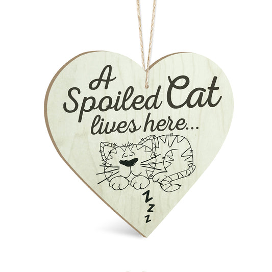 A Spoiled Cat Lives Here Wooden Heart Sign Plaque Ornament Gift Keepsake
