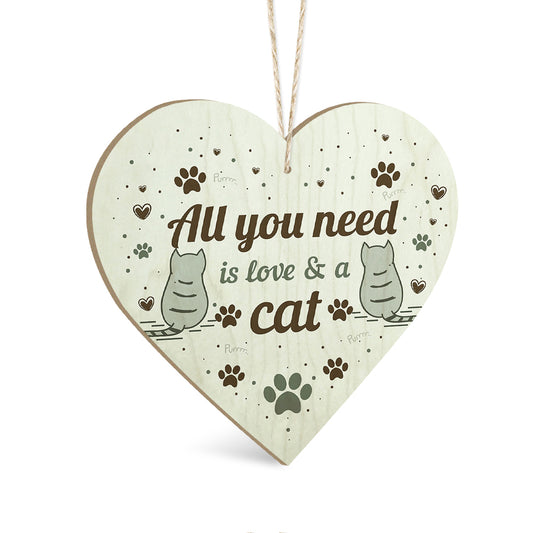 All You Need Is Love & A Cat Wooden Heart Sign Plaque Ornament Gift Keepsake