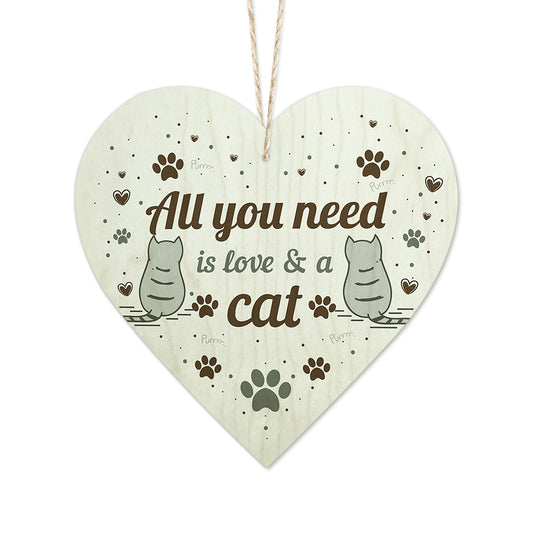 All You Need Is Love & A Cat Wooden Heart Sign Plaque Ornament Gift Keepsake
