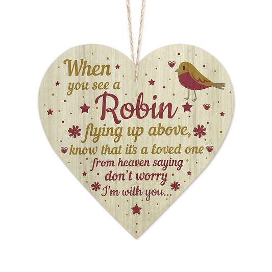 Robin Don't Worry I'm With You Decoration Wooden Heart Sign Plaque Keepsake Ornament