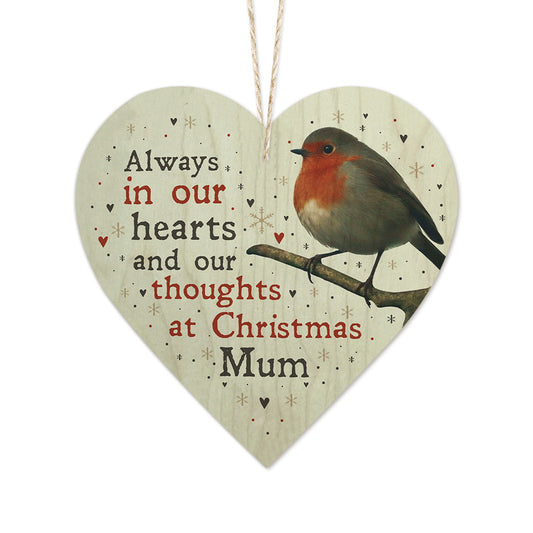 Robin In Our Hearts At Christmas Mum Decoration Wooden Heart Sign Plaque Keepsake Ornament