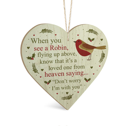 Robin Loved One From Heaven Decoration Wooden Heart Sign Plaque Keepsake Ornament