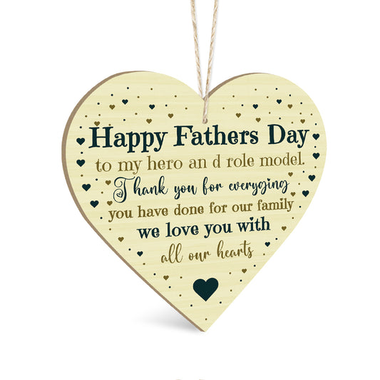 Happy Father's Day To My Hero Wooden Heart Sign Plaque Ornament Gift Keepsake