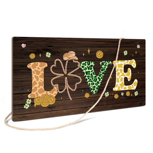 Love Lucky Clover Wooden Rectangular Hanging Sign Plaque Ornament Gift Keepsake
