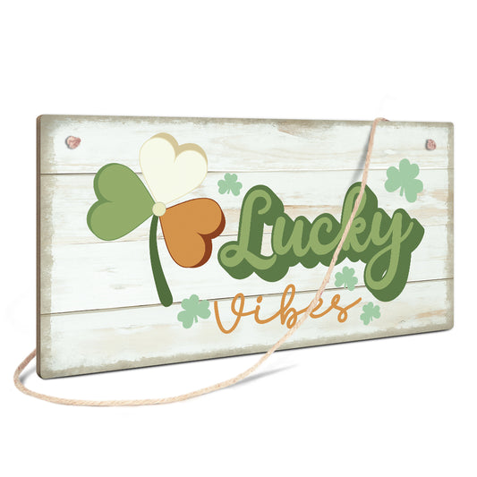Lucky Vibes Shamrock Wooden Rectangular Hanging Sign Plaque Ornament Gift Keepsake