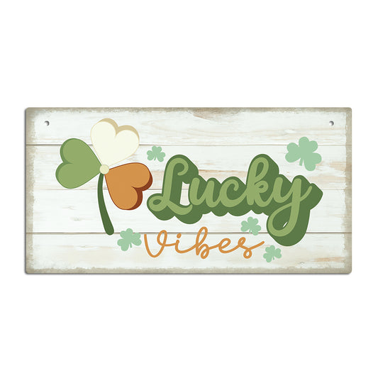 Lucky Vibes Shamrock Wooden Rectangular Hanging Sign Plaque Ornament Gift Keepsake