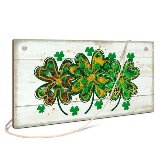 Lucky Trio Clover Patch Wooden Rectangular Hanging Sign Plaque Ornament Gift Keepsake
