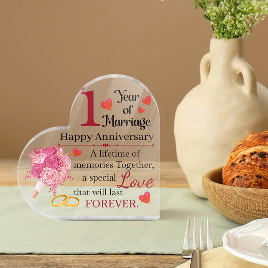 1 Year Of Marriage Happy Anniversary Heart-Shaped Block Acrylic Plaque Gift Free-Standing Sign Keepsake For Wife Husband Partner Couples For Birthday Valentine's Day Anniversary