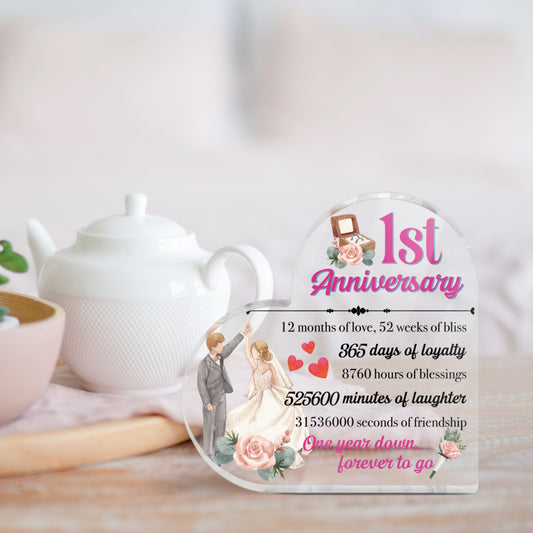 1st Anniversary Wife Husband Marriage Heart-Shaped Block Acrylic Plaque Gift Free-Standing Sign Keepsake For Wife Husband Partner Couples For Birthday Valentine's Day Anniversary