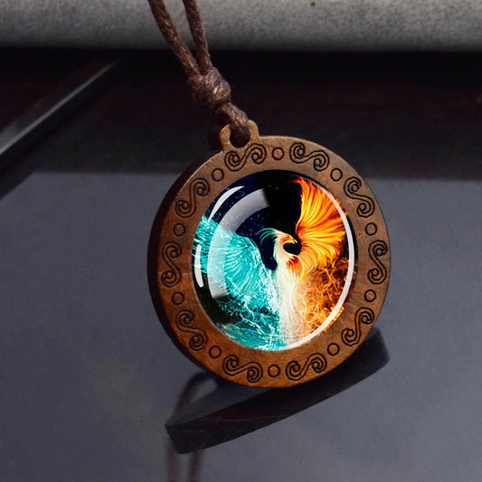 Boho Yin Yang Phoenix Fire & Water Ethnic Spiritual Wooden Pendant Encased Glass Dome Bohemian Unisex Necklace Adjustable 45-86cm