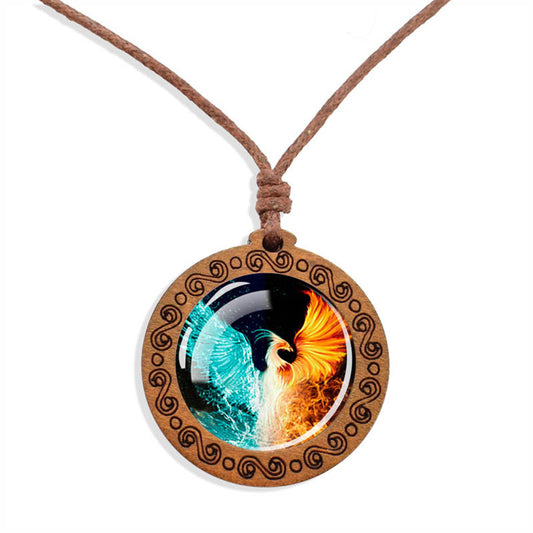 Boho Yin Yang Phoenix Fire & Water Ethnic Spiritual Wooden Pendant Encased Glass Dome Bohemian Unisex Necklace Adjustable 45-86cm
