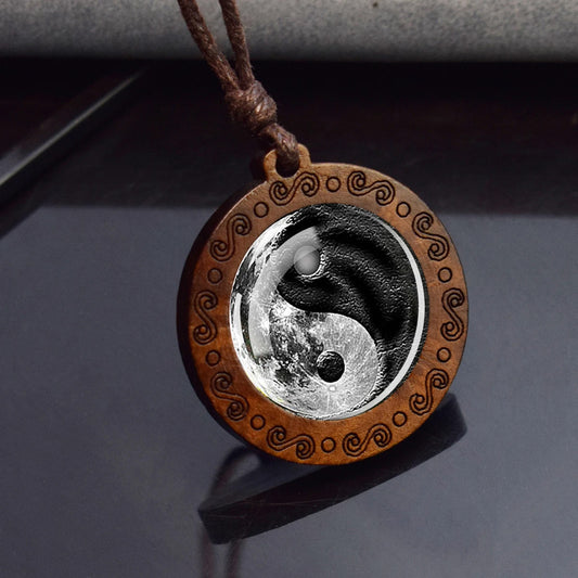 Boho Yin Yang Shadows Ethnic Spiritual Wooden Pendant Encased Glass Dome Bohemian Unisex Necklace Adjustable 45-86cm