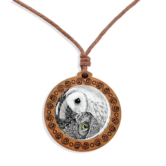 Boho Yin Yang Owls Ethnic Spiritual Wooden Pendant Encased Glass Dome Unisex Bohemian Necklace Adjustable 45-86cm