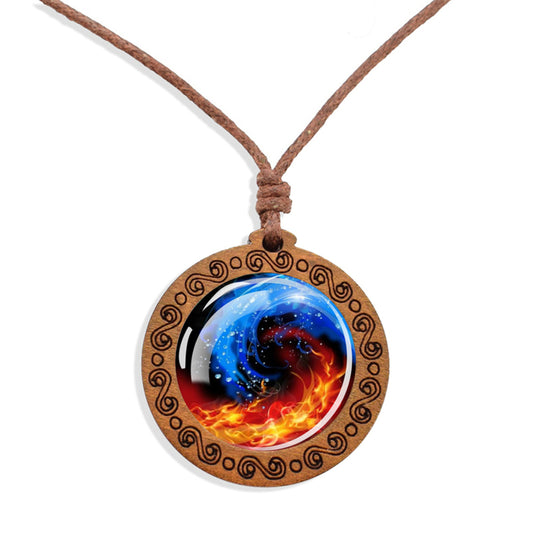 Boho Yin Yang Fire & Water Ethnic Spiritual Wooden Pendant Encased Glass Dome Bohemian Unisex Necklace Adjustable 45-86cm