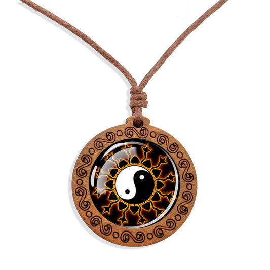 Boho Yin Yang Protection Ethnic Spiritual Wooden Pendant Encased Glass Dome Bohemian Unisex Necklace Adjustable 45-86c