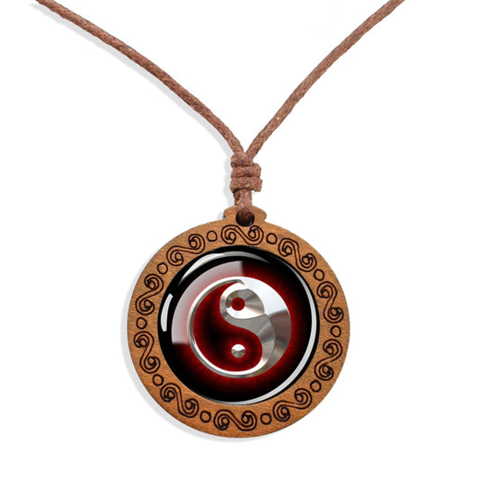 Boho Yin Yang Radiating Red Ethnic Spiritual Wooden Pendant Encased Glass Dome Bohemian Unisex Necklace Adjustable 45-86cm