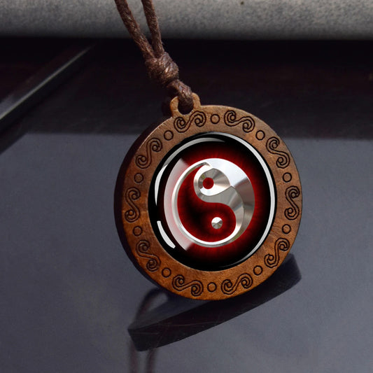 Boho Yin Yang Radiating Red Ethnic Spiritual Wooden Pendant Encased Glass Dome Bohemian Unisex Necklace Adjustable 45-86cm