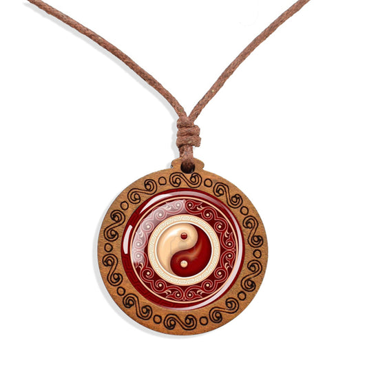Boho Yin Yang Red Chakra Ethnic Spiritual Wooden Pendant Encased Glass Dome Bohemian Unisex Necklace Adjustable 45-86cm