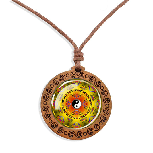 Boho Yin Yang Protection Ethnic Spiritual Wooden Pendant Encased Glass Dome Bohemian Unisex Necklace Adjustable 45-86c