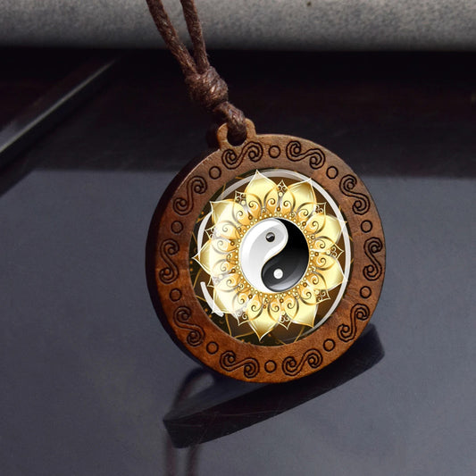Boho Yin Yang Floral Ethnic Spiritual Wooden Pendant Encased Glass Dome Bohemian Unisex Necklace Adjustable 45-86cm