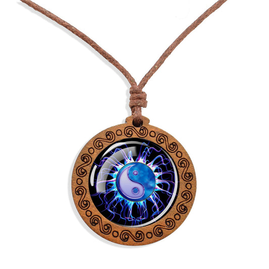 Boho Yin Yang Electro Ethnic Spiritual Wooden Pendant Encased Glass Dome Bohemian Unisex Necklace Adjustable 45-86cm